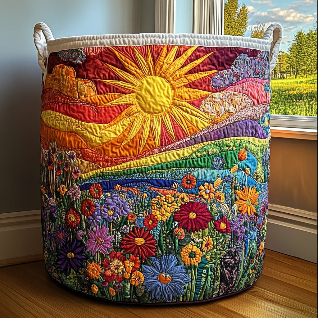 Rainbow Sun and Wildflowers Laundry Basket – Quilted Collapsible Fabric Storage Hamper with Handles