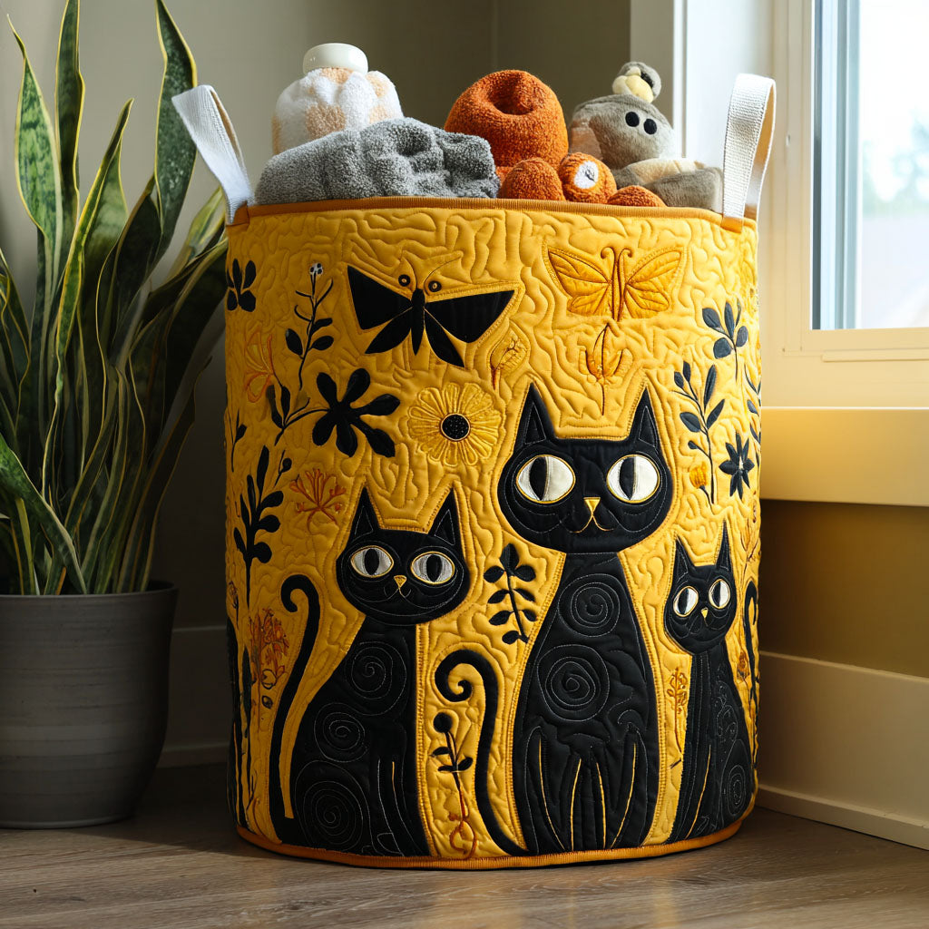 Folk Art Cats Laundry Basket – Quilted Collapsible Fabric Storage Hamper with Handles