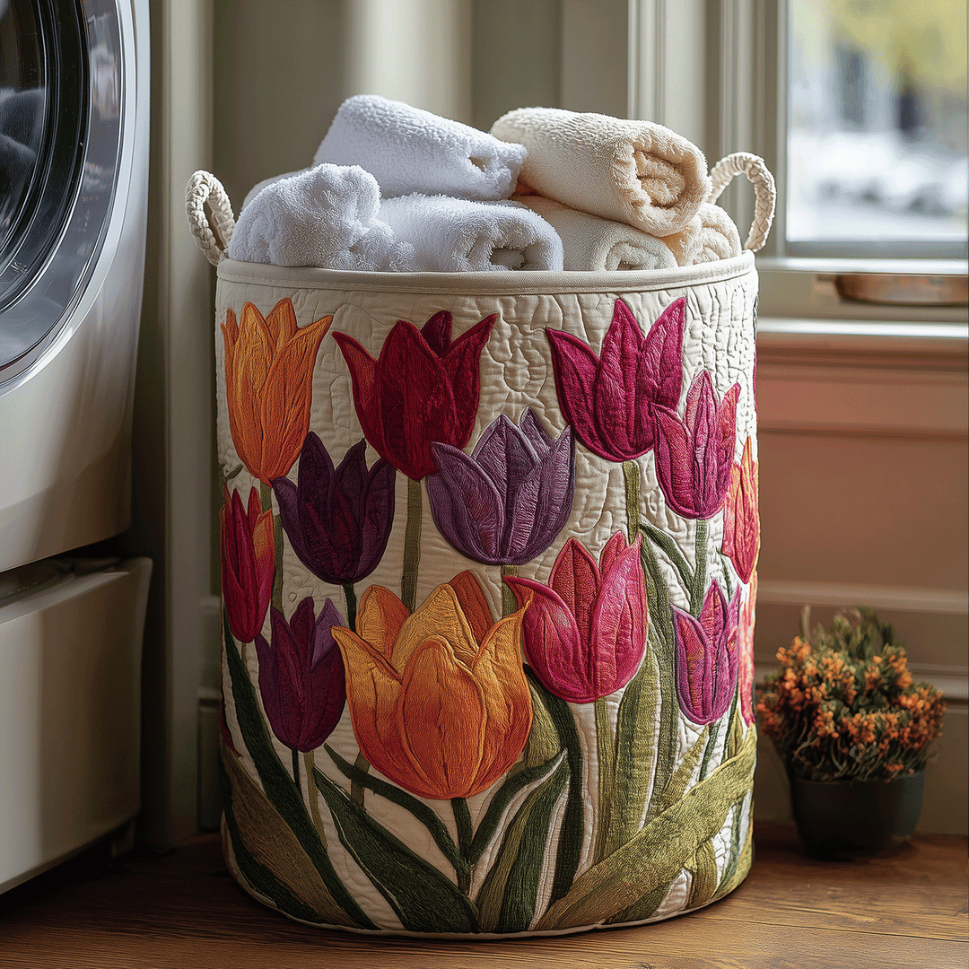 Tulips Laundry Basket – Quilted Collapsible Fabric Storage Hamper with Handles