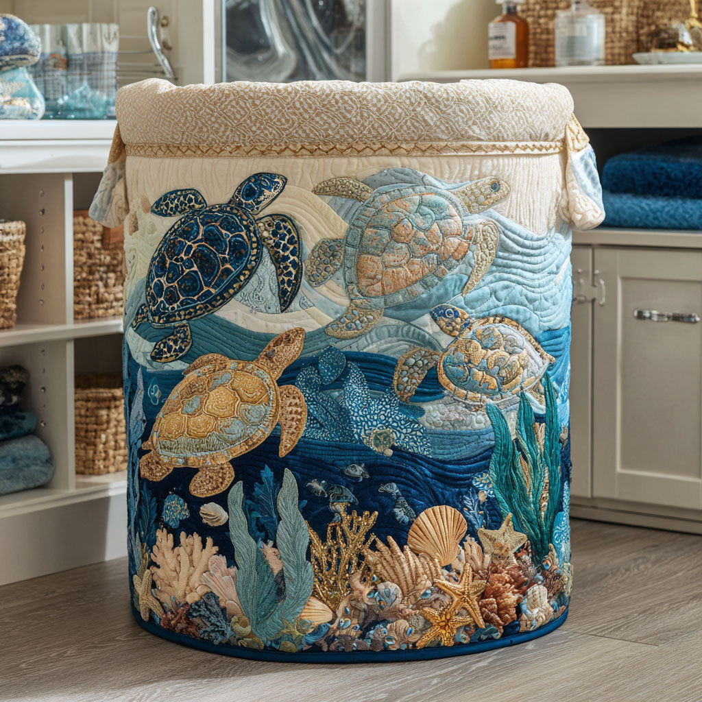 Sea Turtles Laundry Basket – Quilted Collapsible Fabric Storage Hamper with Handles