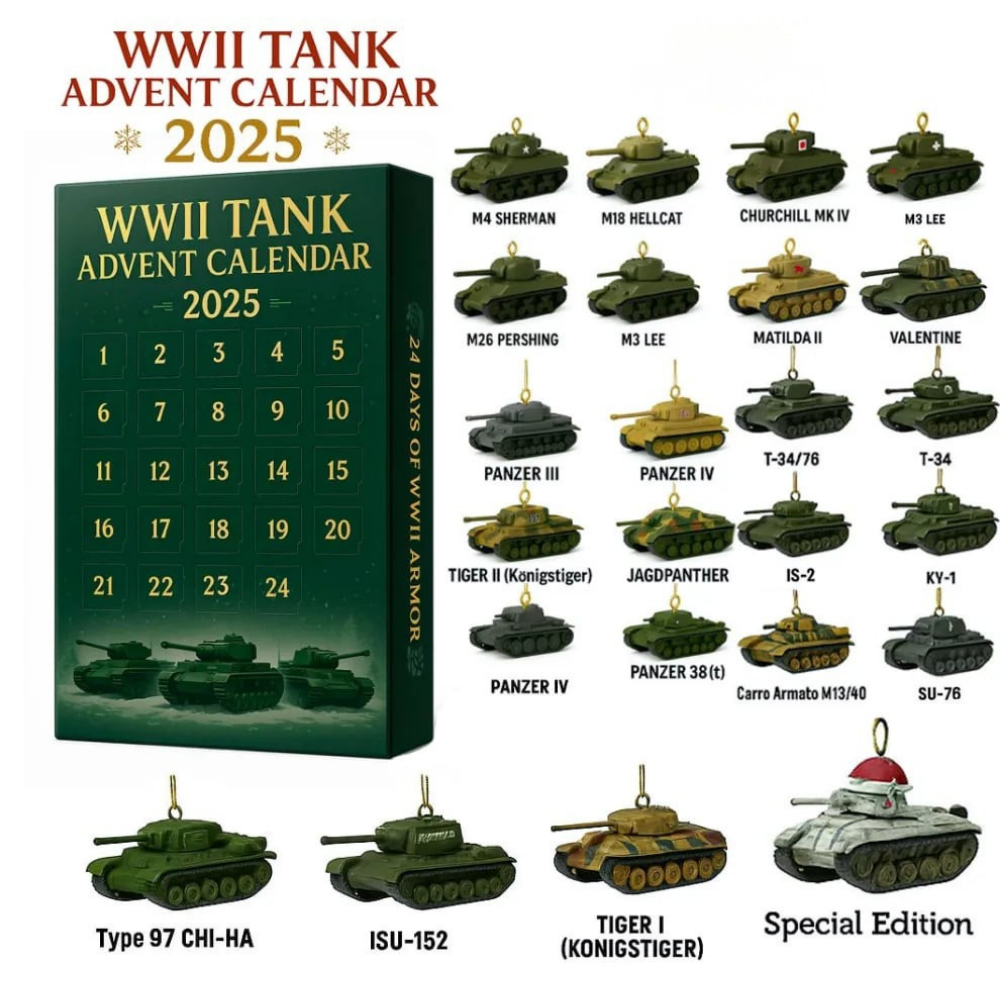 WWII Tank Advent Calendar with 24 Tank Ornaments