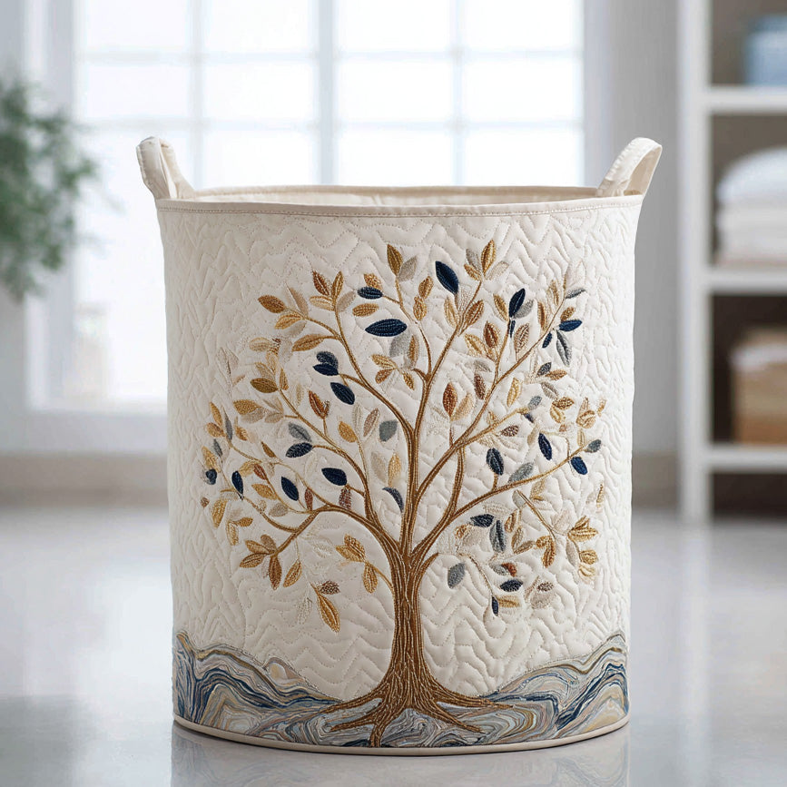 Golden Tree of Life Laundry Basket – Quilted Collapsible Fabric Storage Hamper with Handles