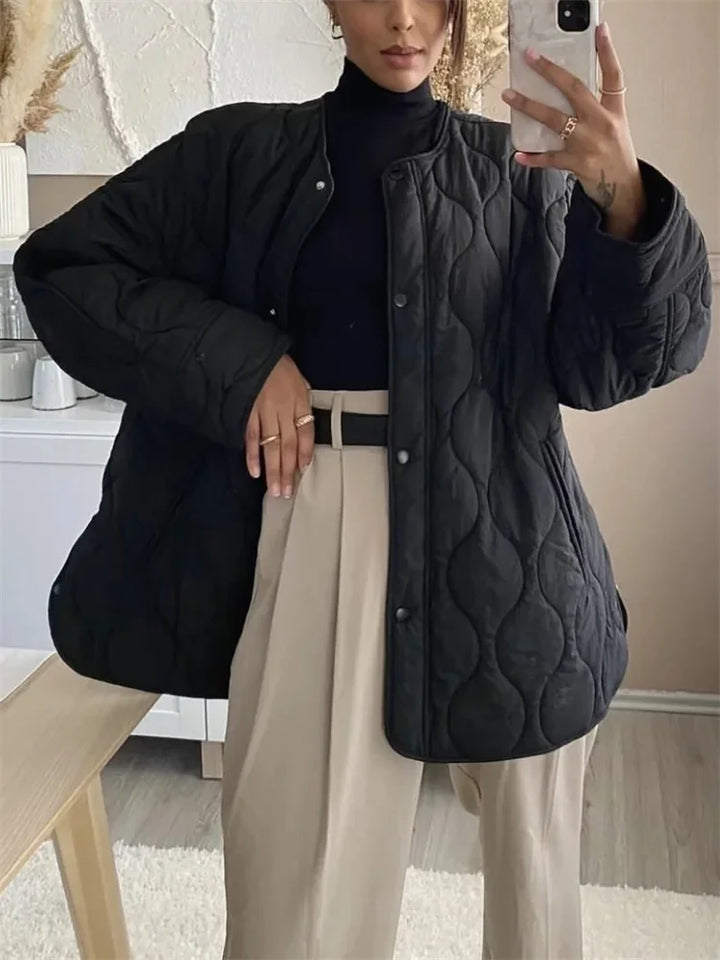 Hedda™ | Women's Wave Quilted Collarless Jacket with Snap Front