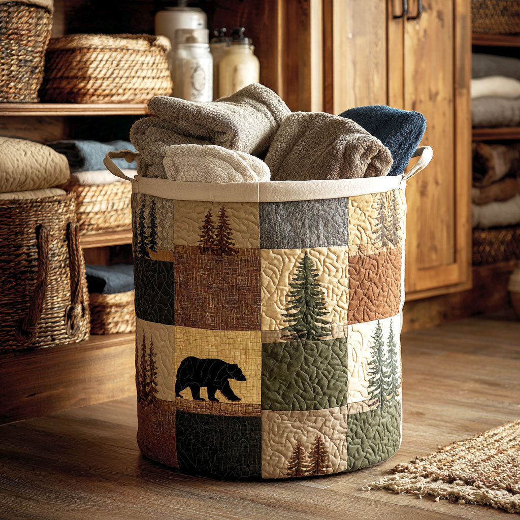 Woodland Patchwork Bear Laundry Basket – Quilted Collapsible Fabric Storage Hamper with Handles