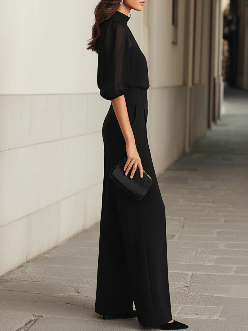 Valentina • Three-piece black set, consisting of a transparent camisole top and wide-leg pants