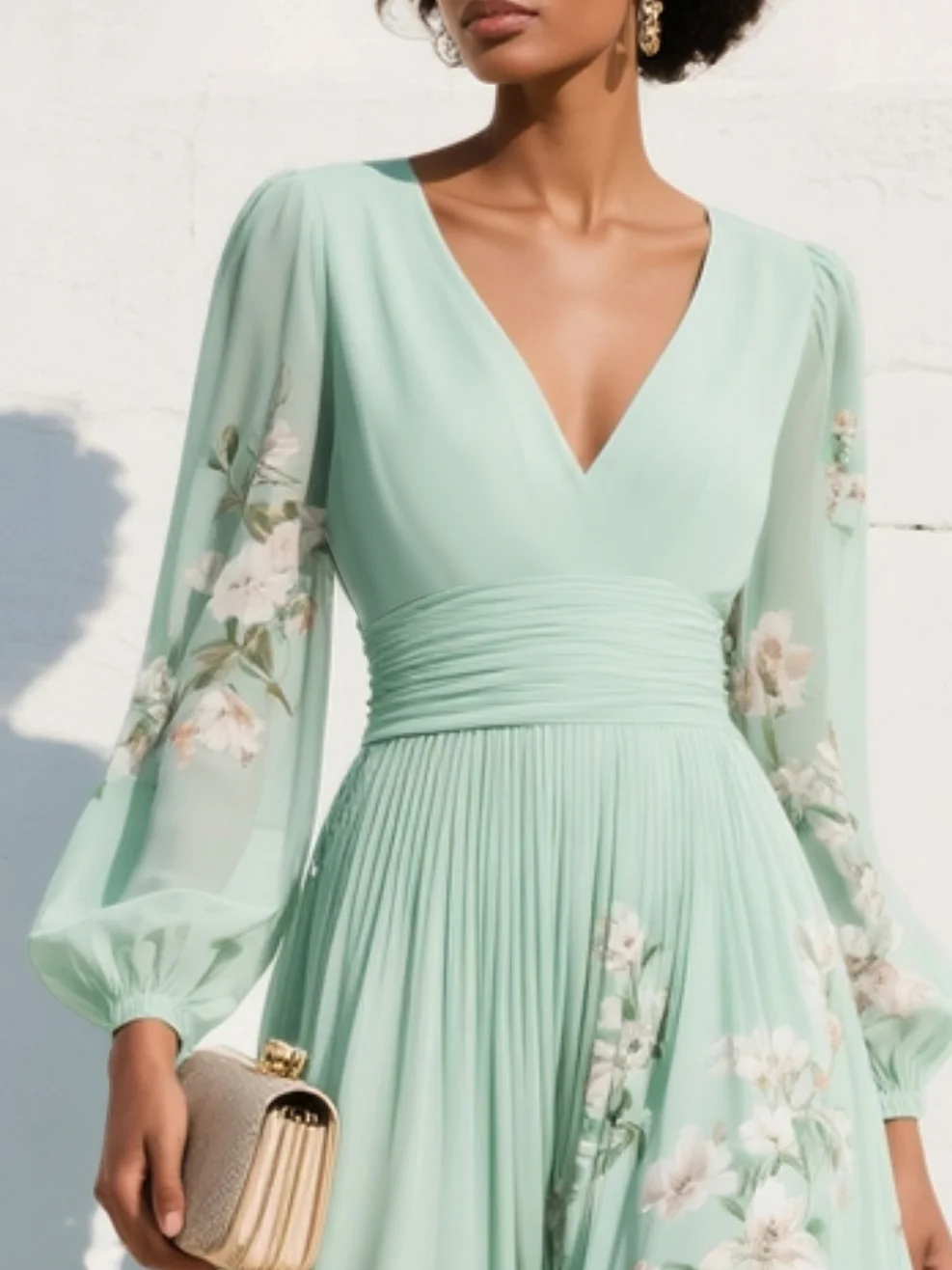 Alice™ |Light Green V-Neck Chiffon Pleated Floral Midi Dress