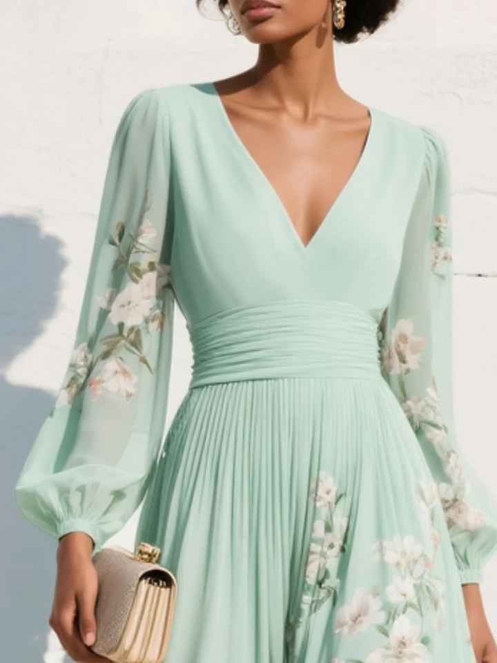 Alice™ |Light Green V-Neck Chiffon Pleated Floral Midi Dress