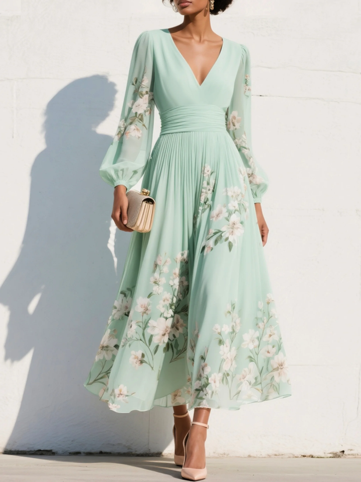 Alice™ |Light Green V-Neck Chiffon Pleated Floral Midi Dress