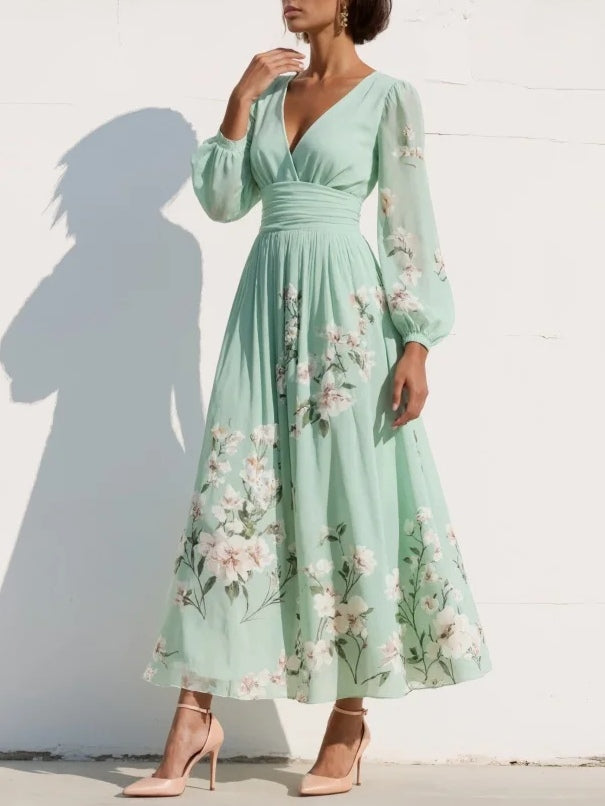 Alice™ |Light Green V-Neck Chiffon Pleated Floral Midi Dress