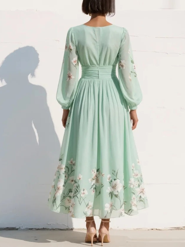 Alice™ |Light Green V-Neck Chiffon Pleated Floral Midi Dress