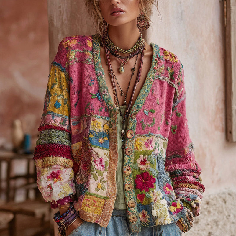 Sixtine™ | Women's Floral Embroidered Patchwork Cardigan with V-Neck