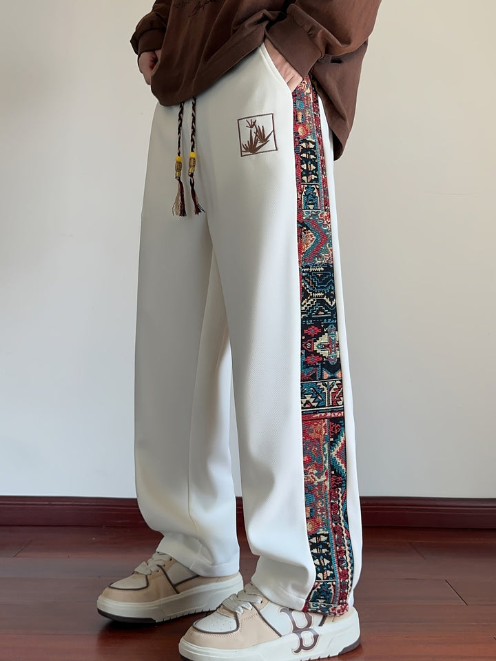 Rafael™ | Men's Wide Leg Drawstring Trousers with Patterned Side Panel