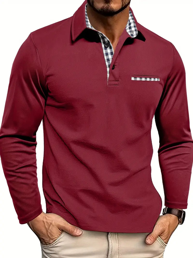 Anselme™ | Men's Long Sleeve Polo Shirt with Gingham Placket