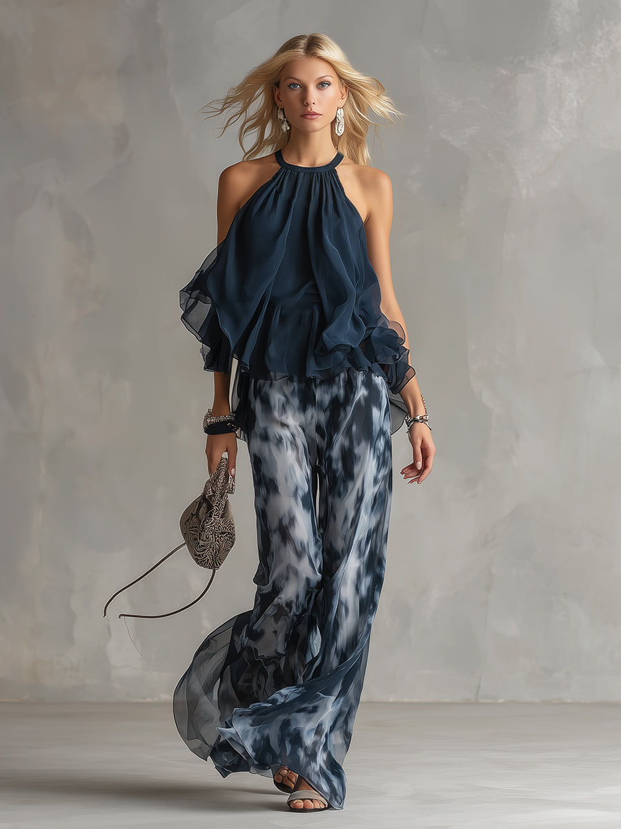 Ludovica™ | Elegant Chiffon Dress with High Neck Top & Wide Printed Trousers