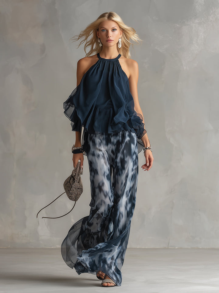 Ludovica™ | Elegant Chiffon Dress with High Neck Top & Wide Printed Trousers