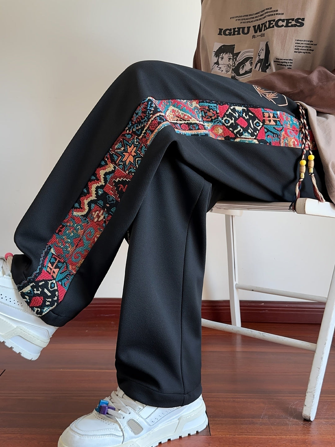 Rafael™ | Men's Wide Leg Drawstring Trousers with Patterned Side Panel