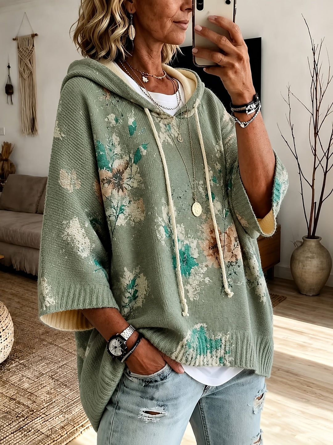 Roswitha™ | Women's Hooded Floral Cape Sweater with Drawstring