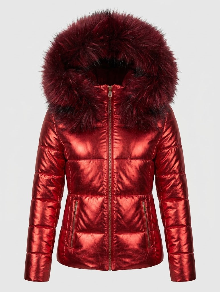 Cosima™ | Women's Metallic Puffer Jacket with Faux Fur Trim Hood