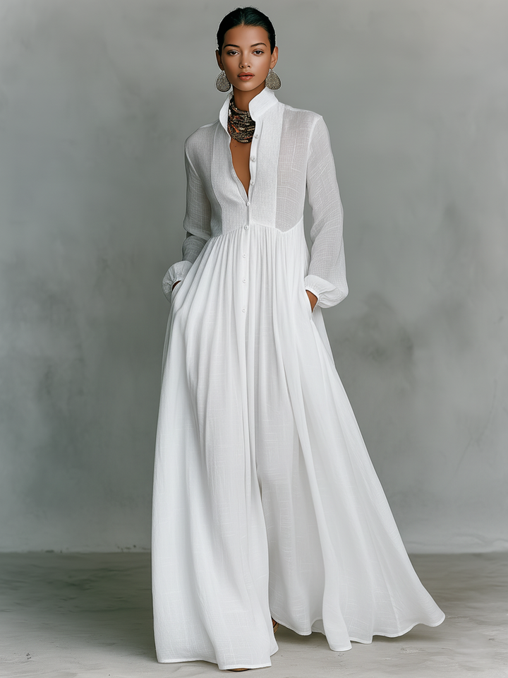 Maxi Minimalist Dress in Cotton and Linen with Patchwork, High Collar and Long Sleeves