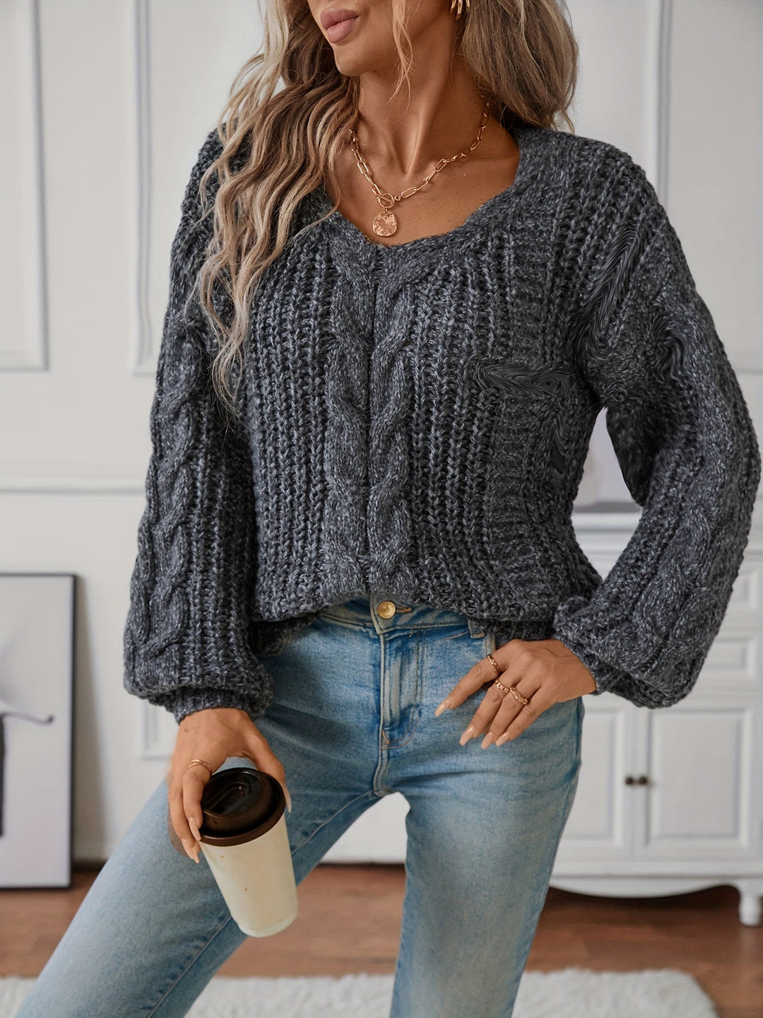 Rhoswen™ | Women's Chunky Cable Knit Sweater with V Neck