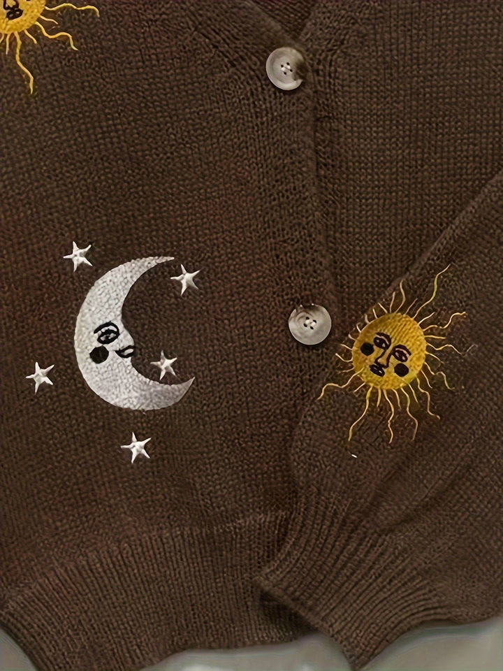 Eglantine™ | Women's Celestial Embroidered Knit Cardigan with Lantern Sleeves