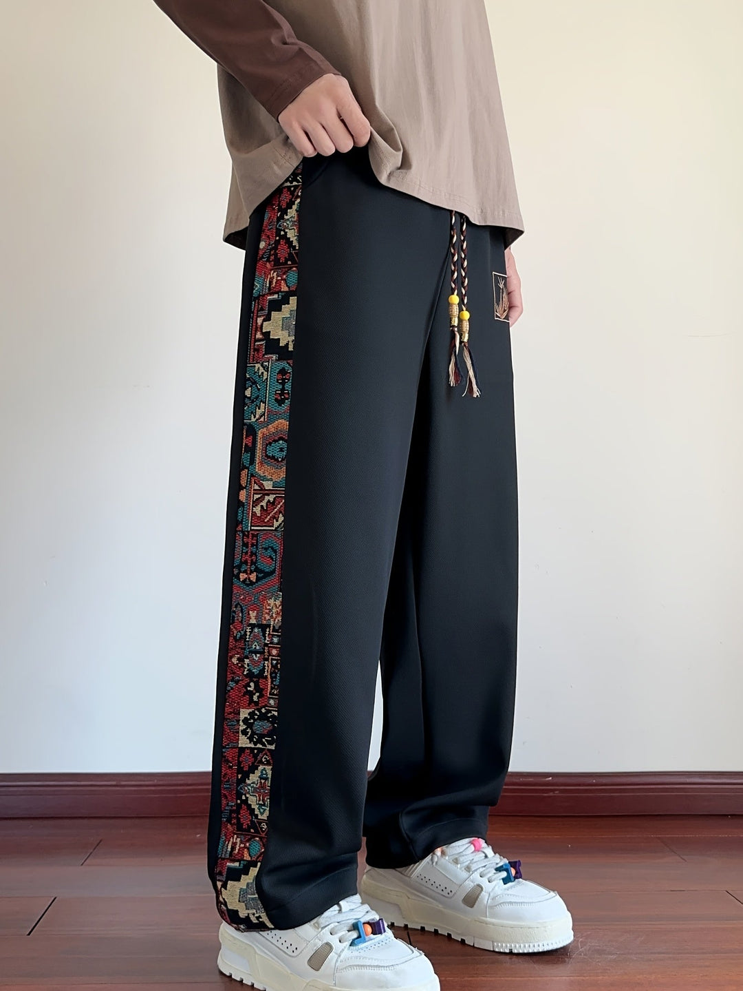 Rafael™ | Men's Wide Leg Drawstring Trousers with Patterned Side Panel
