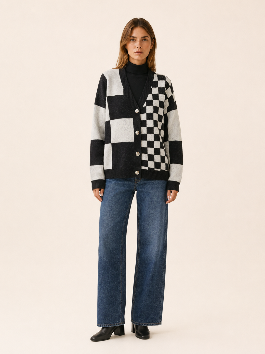 Adela™ | Checked V-Neck Cardigan with Button Front