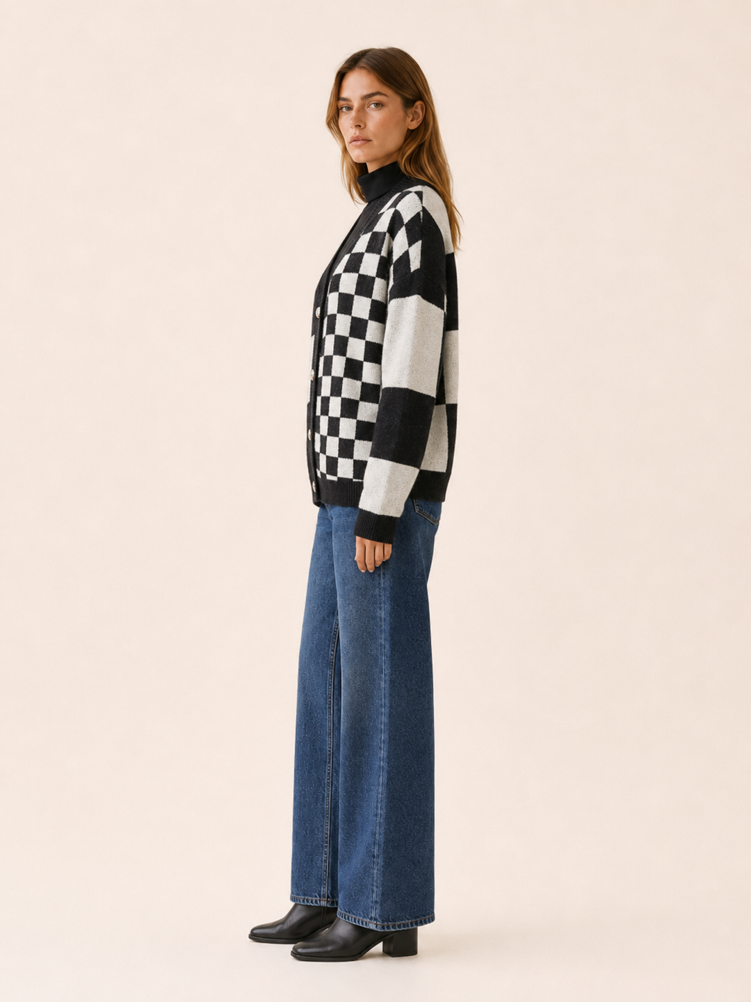 Adela™ | Checked V-Neck Cardigan with Button Front