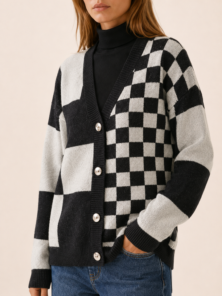 Adela™ | Checked V-Neck Cardigan with Button Front