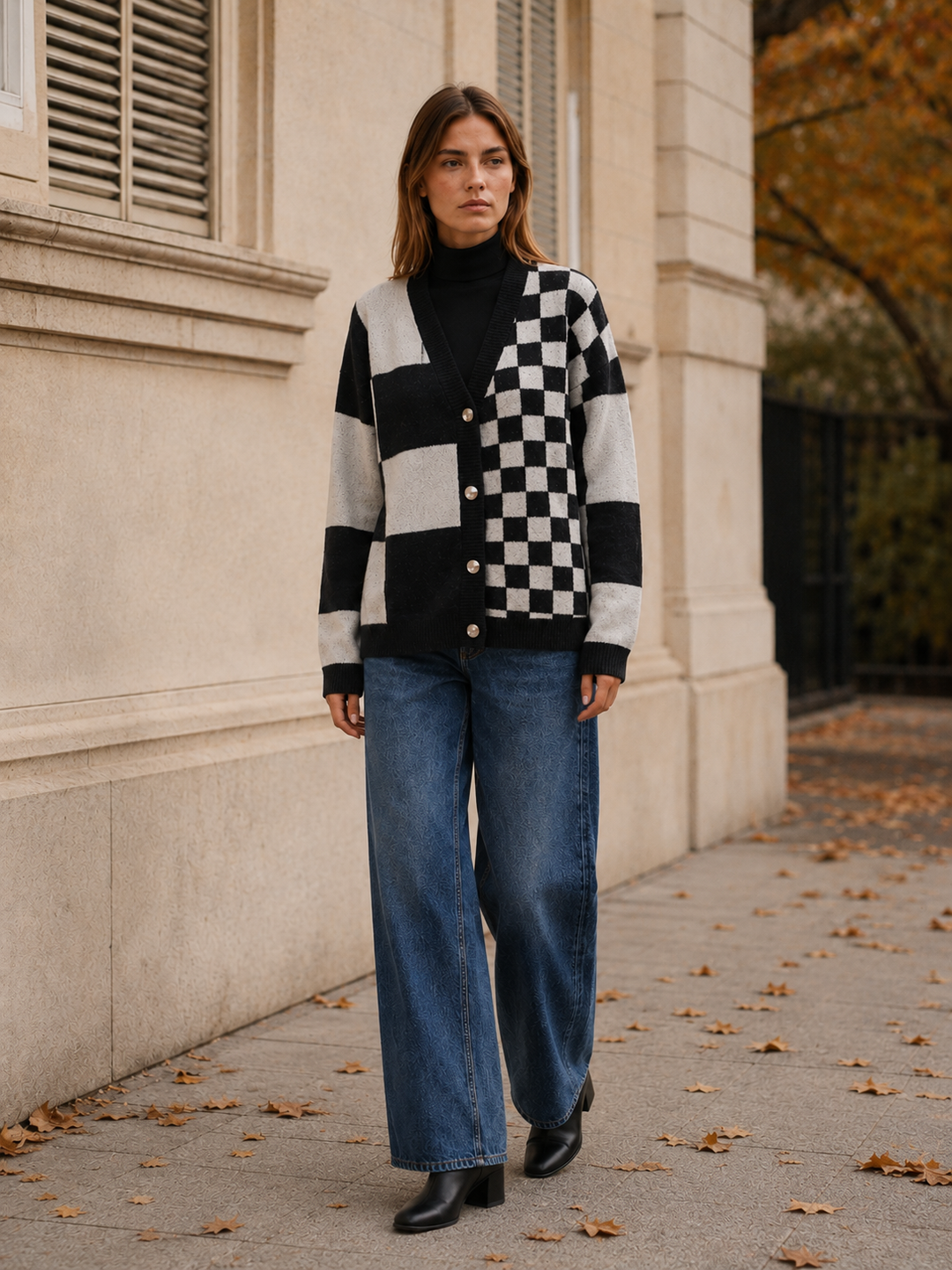 Adela™ | Checked V-Neck Cardigan with Button Front