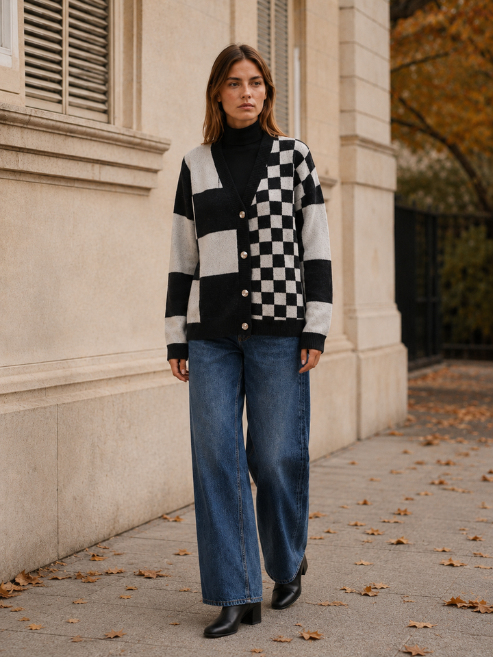 Adela™ | Checked V-Neck Cardigan with Button Front