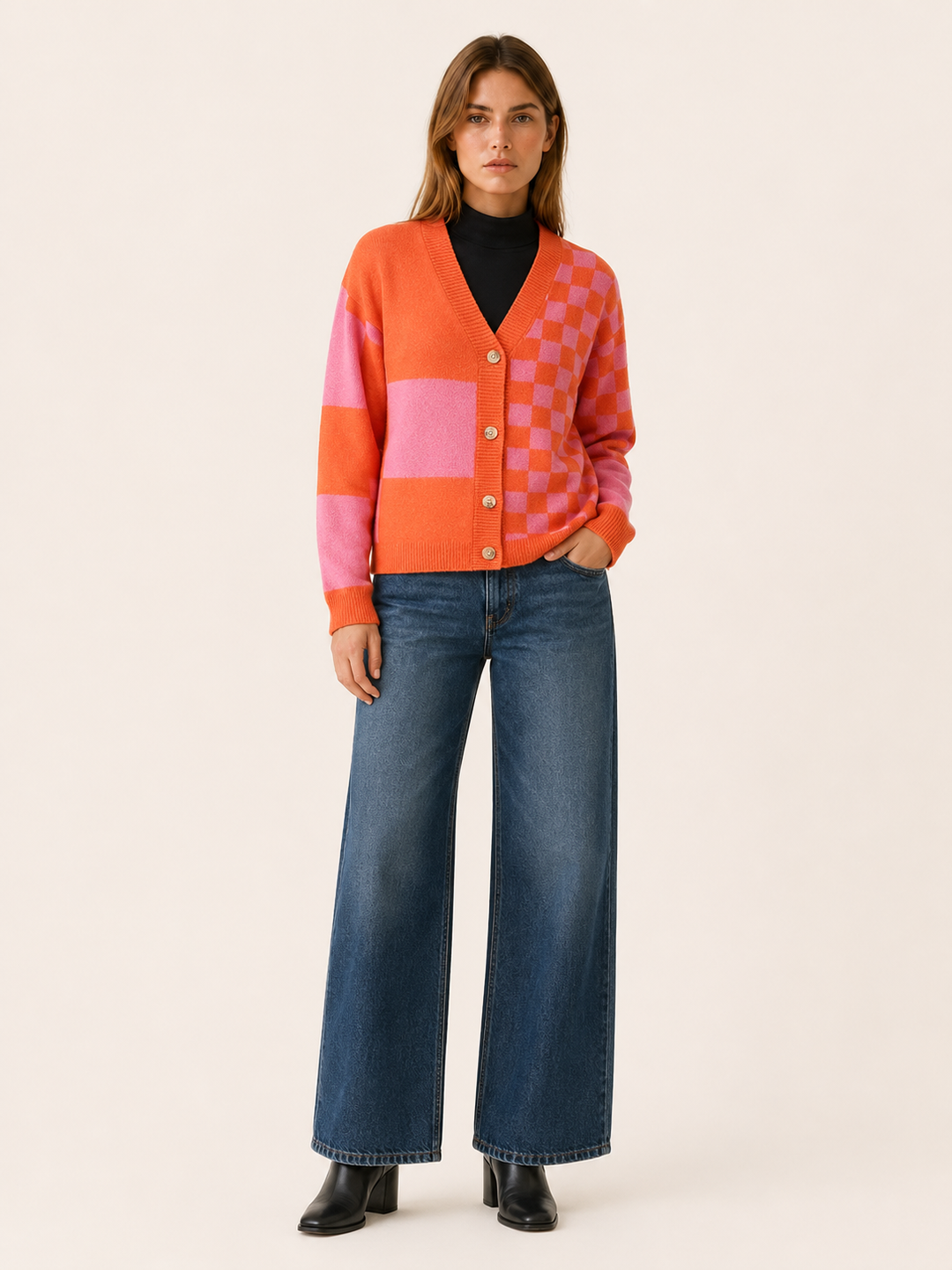 Adela™ | Checked V-Neck Cardigan with Button Front
