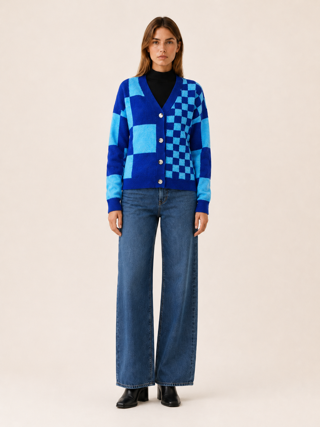 Adela™ | Checked V-Neck Cardigan with Button Front