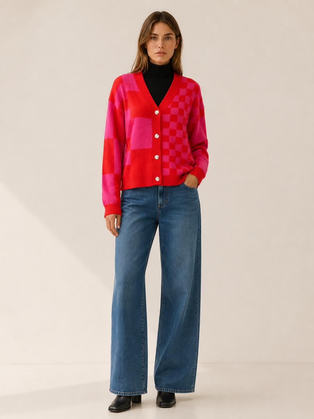 Adela™ | Checked V-Neck Cardigan with Button Front