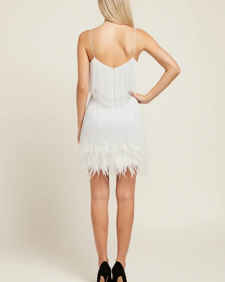 Jehanne™ | Women's Beaded Fringe Mini Dress with Feather Hem