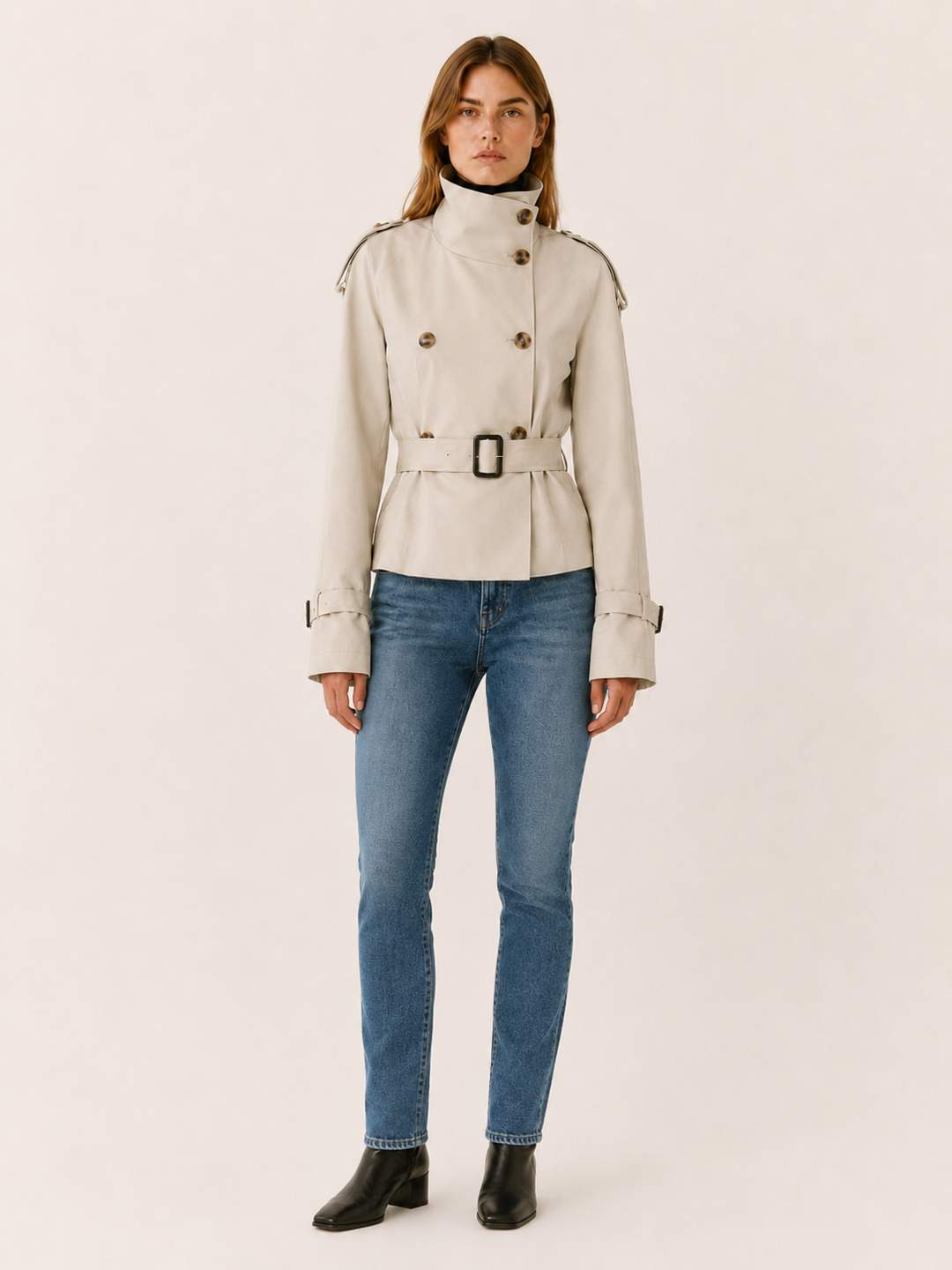 Ailsa™ | Short Trench Coat with High Collar and Belt