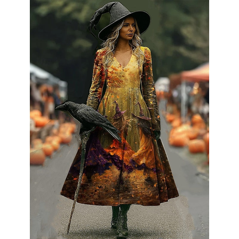 Tansy™ | Women's Halloween Witch Print Long Sleeve A Line Maxi Dress