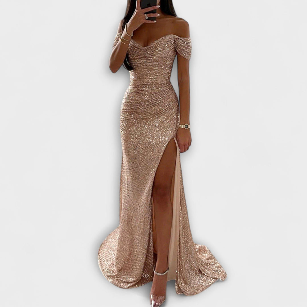 Airlia™ | Women's Glitter Off-Shoulder Maxi Dress with Thigh Slit
