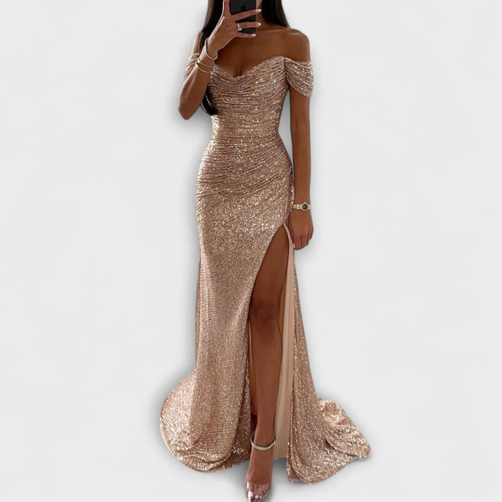 Airlia™ | Women's Glitter Off-Shoulder Maxi Dress with Thigh Slit