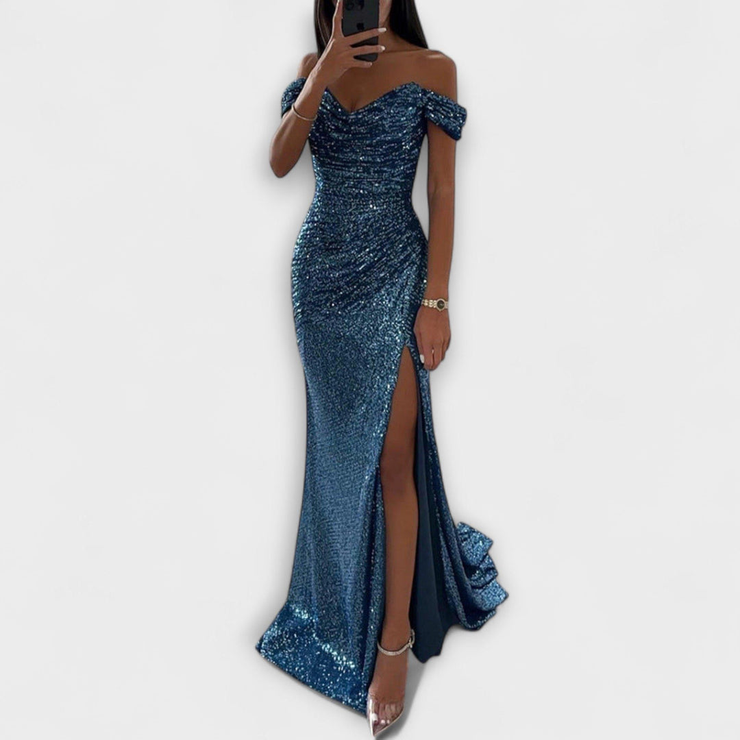 Airlia™ | Women's Glitter Off-Shoulder Maxi Dress with Thigh Slit