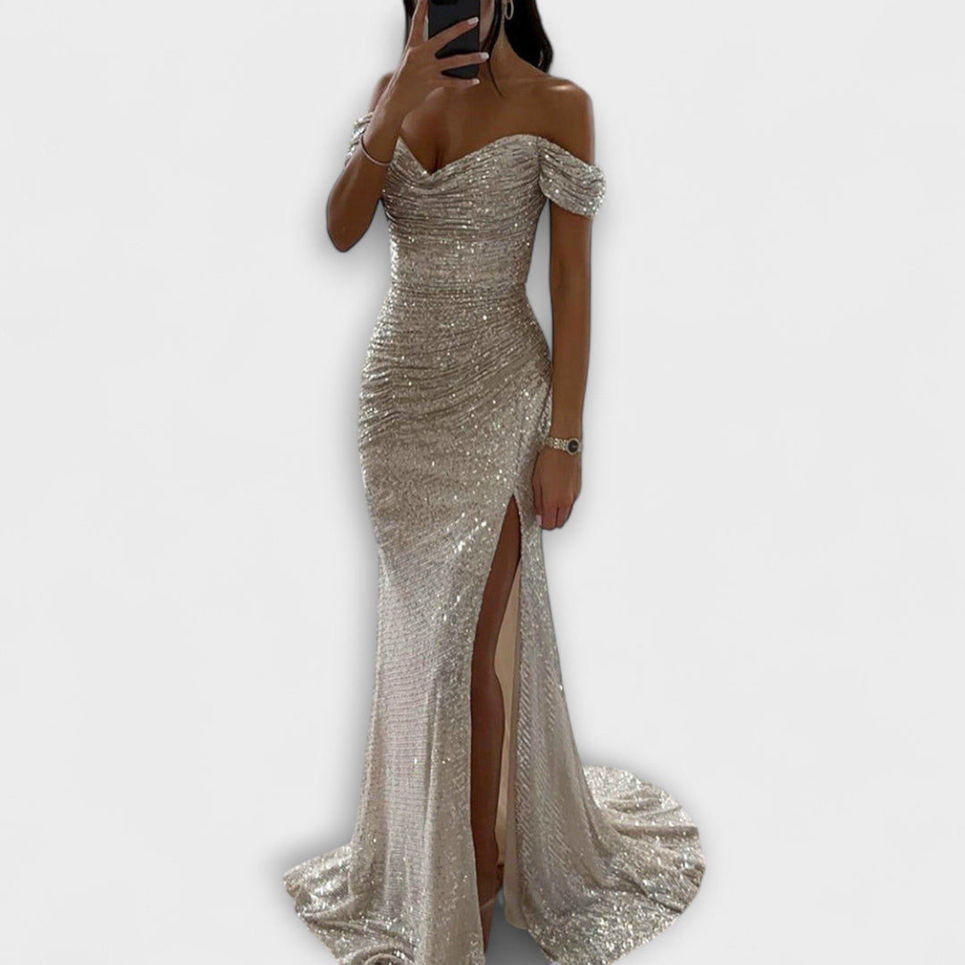 Airlia™ | Women's Glitter Off-Shoulder Maxi Dress with Thigh Slit