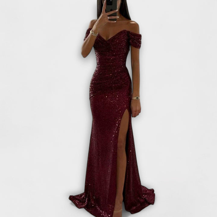 Airlia™ | Women's Glitter Off-Shoulder Maxi Dress with Thigh Slit
