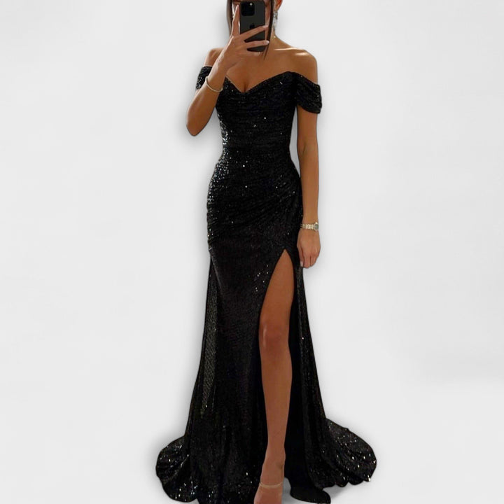 Airlia™ | Women's Glitter Off-Shoulder Maxi Dress with Thigh Slit