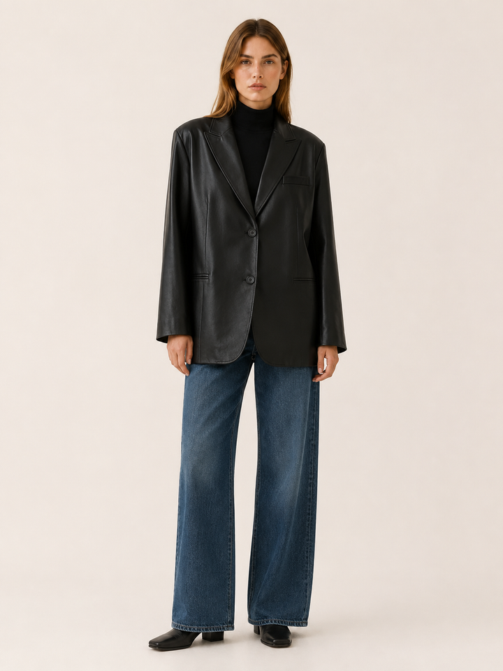 Amandine™ | Oversized Faux Leather Blazer with Notched Lapels