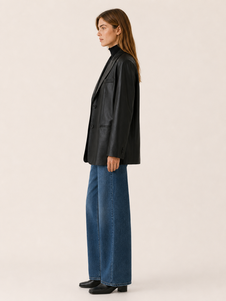 Amandine™ | Oversized Faux Leather Blazer with Notched Lapels