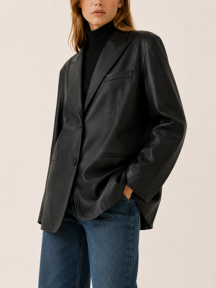 Amandine™ | Oversized Faux Leather Blazer with Notched Lapels