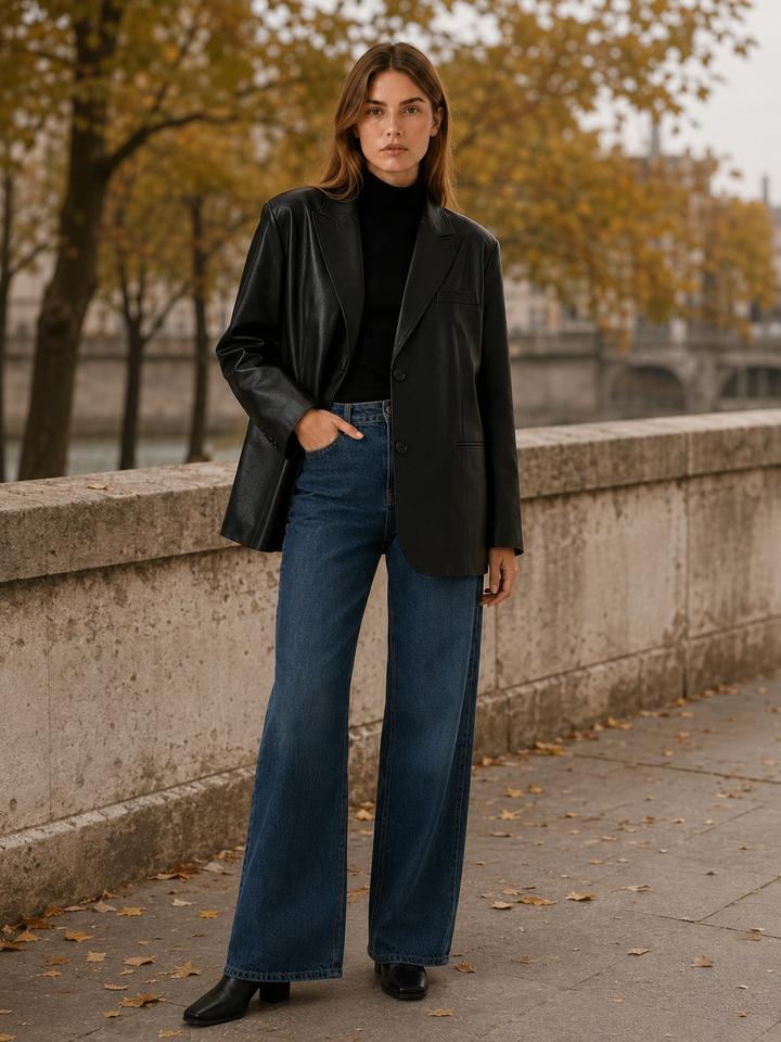 Amandine™ | Oversized Faux Leather Blazer with Notched Lapels