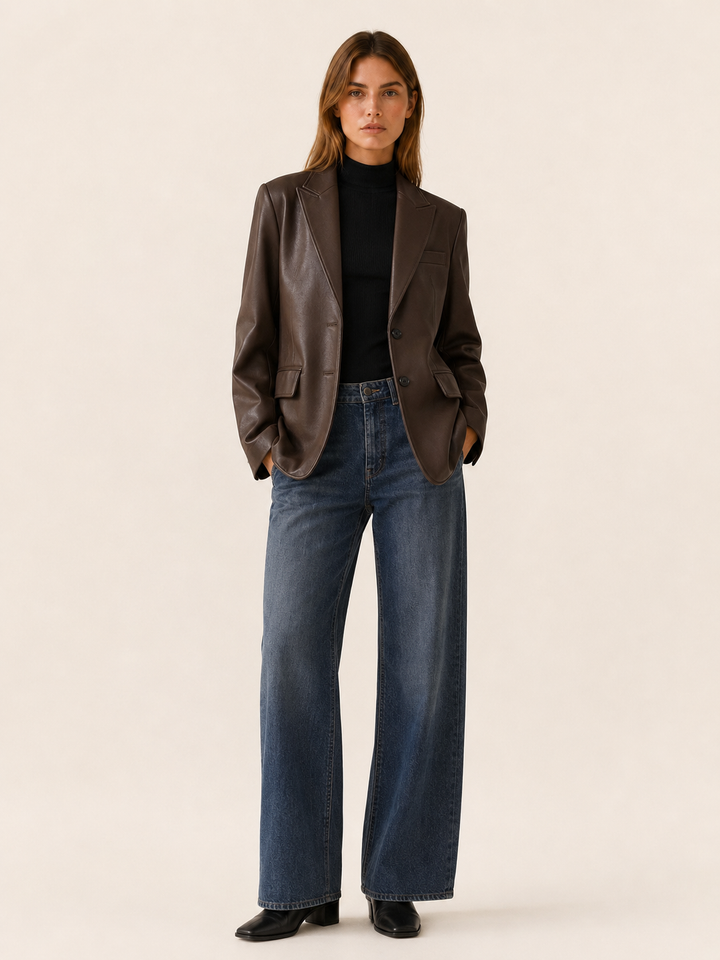 Amandine™ | Oversized Faux Leather Blazer with Notched Lapels