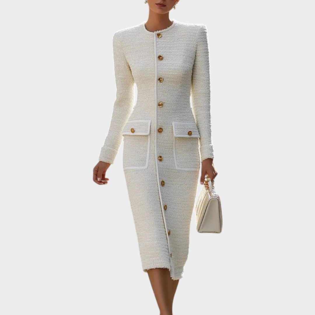 Annette™ | Women's White Tweed Midi Dress with Button Front