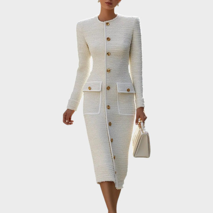 Annette™ | Women's White Tweed Midi Dress with Button Front